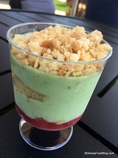 Sweet Avocado Crema with Strawberries, Yellow Cake and Tortilla Streusel