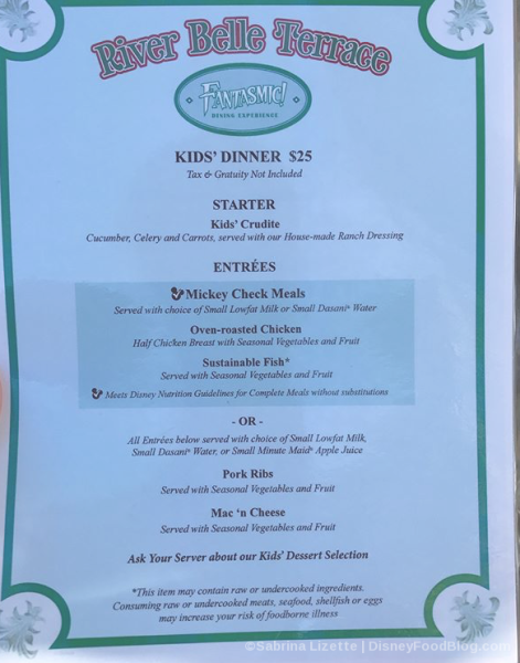 Fantasmic Dining Package Menu
