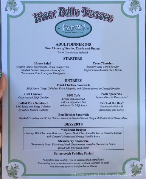 Fantasmic Dining Package Menu 