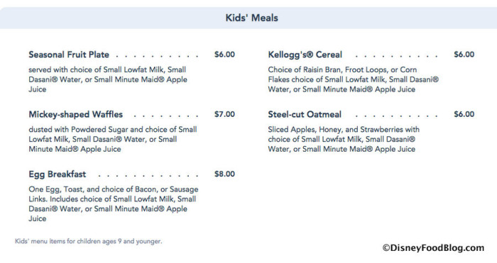 Menu Screenshot from Disney World website
