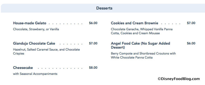 Menu Screenshot from Disney World website