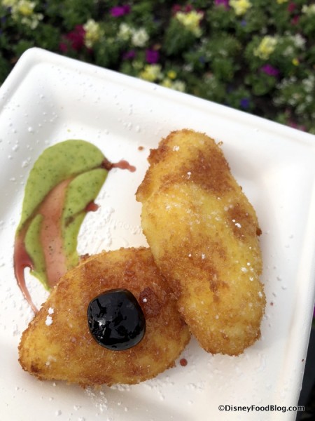 Crema Fitta, Pesche e Rucola Pesto, Ciliege di Amarasca: Cream Fritters, Peach and Arugula Pesto and Amarena Cherries
