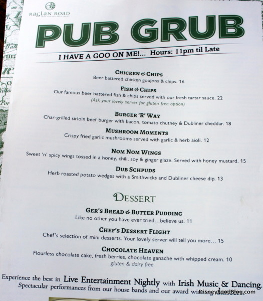 Raglan Road Pub Grub