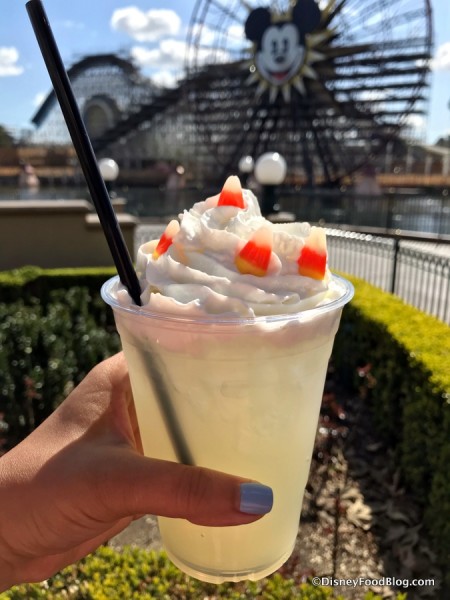 Popcorn Lemonade with Whipped Cream and Candy Corn Garnish