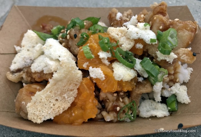 Crispy Orange Chicken & Rice with garlic cracker