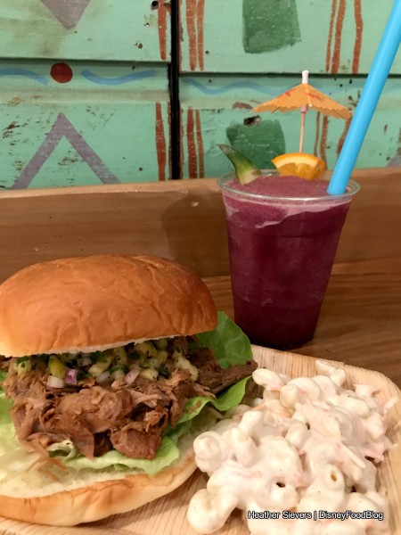 Kalua Pork Sandwich with Macaroni Salad and Jungle Julep