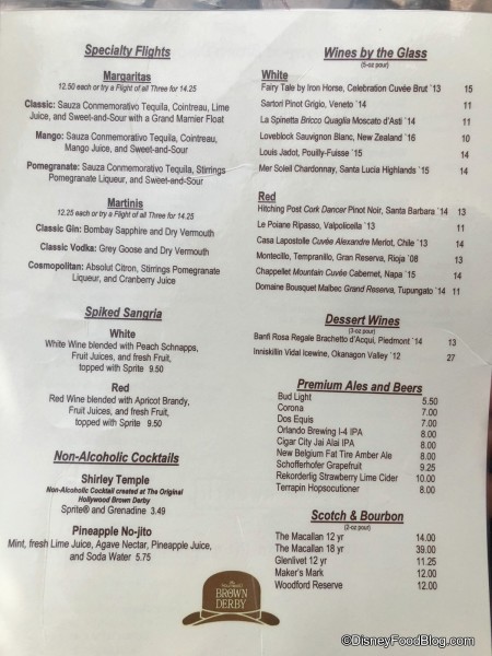 Brown Derby Lounge Menu