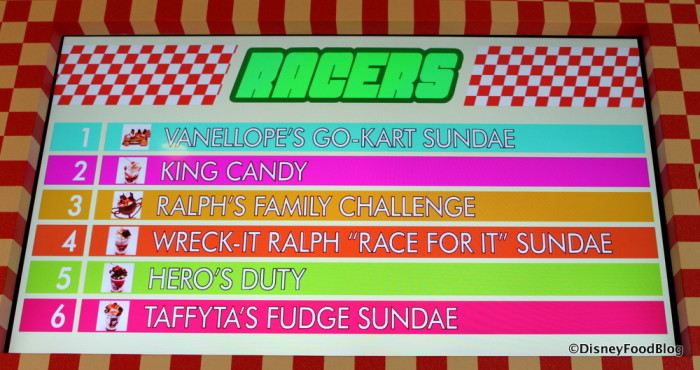 The race is on! Sign displaying the best selling sundaes at Vanellope's!