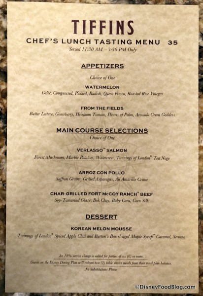 Tiffins 20th Anniversary Chef's Lunch Tasting Menu