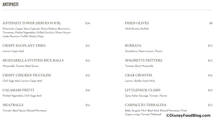 Screenshot of Antipasti Menu