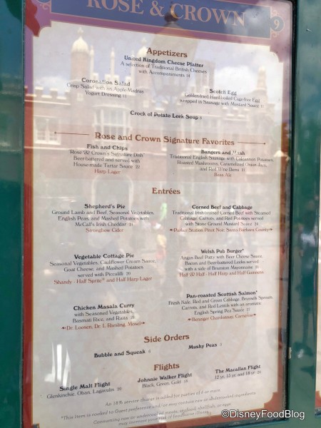 Rose and Crown Menu