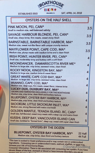 Oyster Menu
