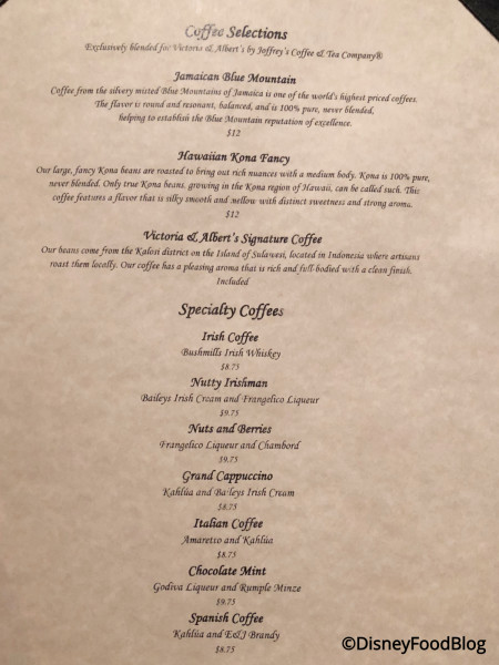 Victoria & Albert's Coffee Menu