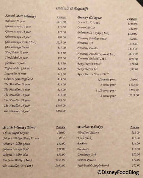 Victoria & Albert's Cordials and Digestifs Menu