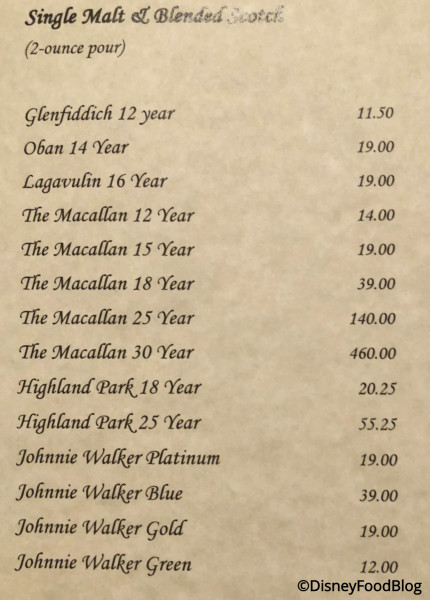 Victoria & Albert's Scotch Menu