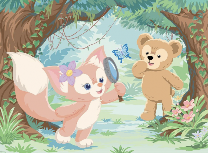 LinaBell and Duffy stand in the woods with a butterfly